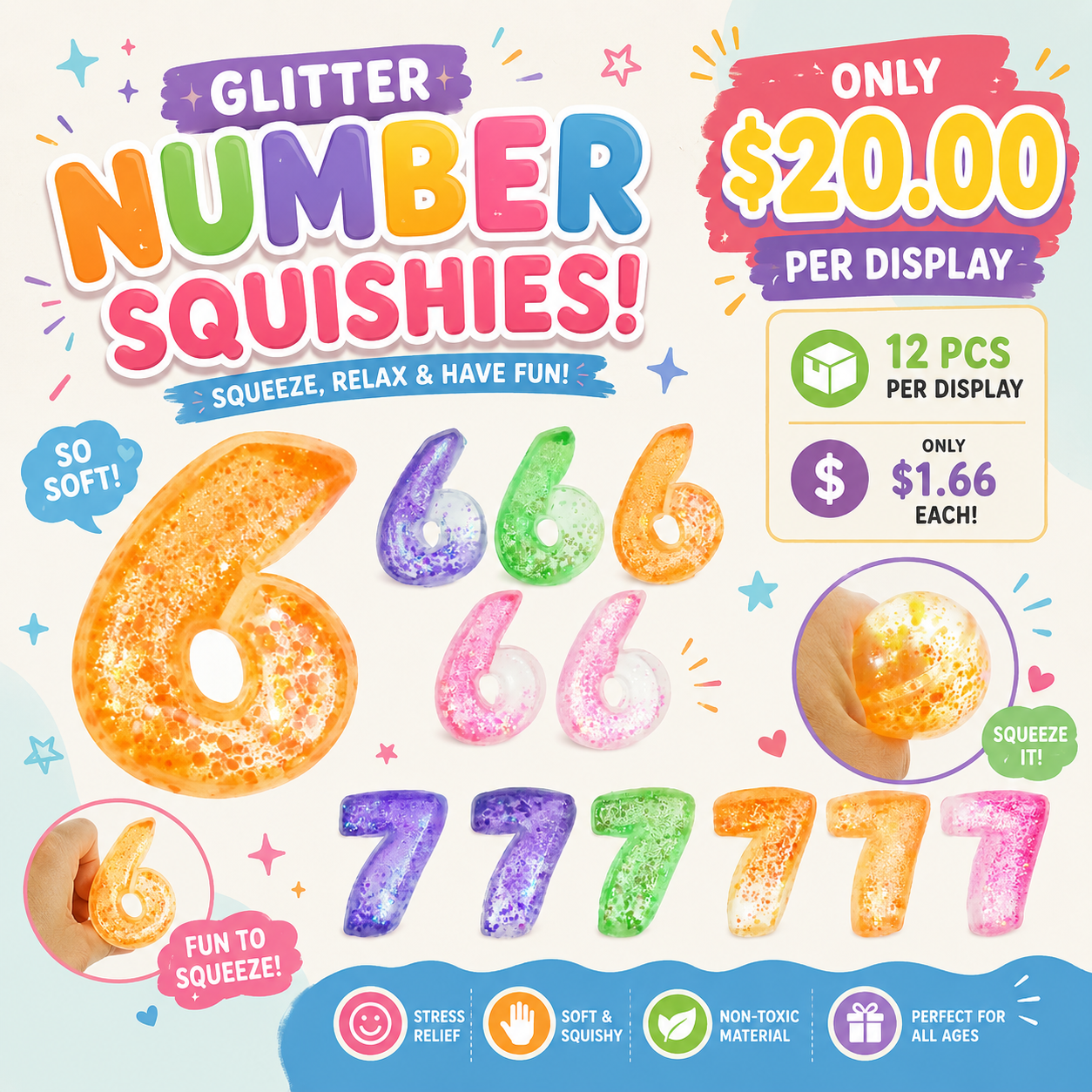 12PCS DISPLAY SQUEEZE NUMBERS AND GLITTER T101