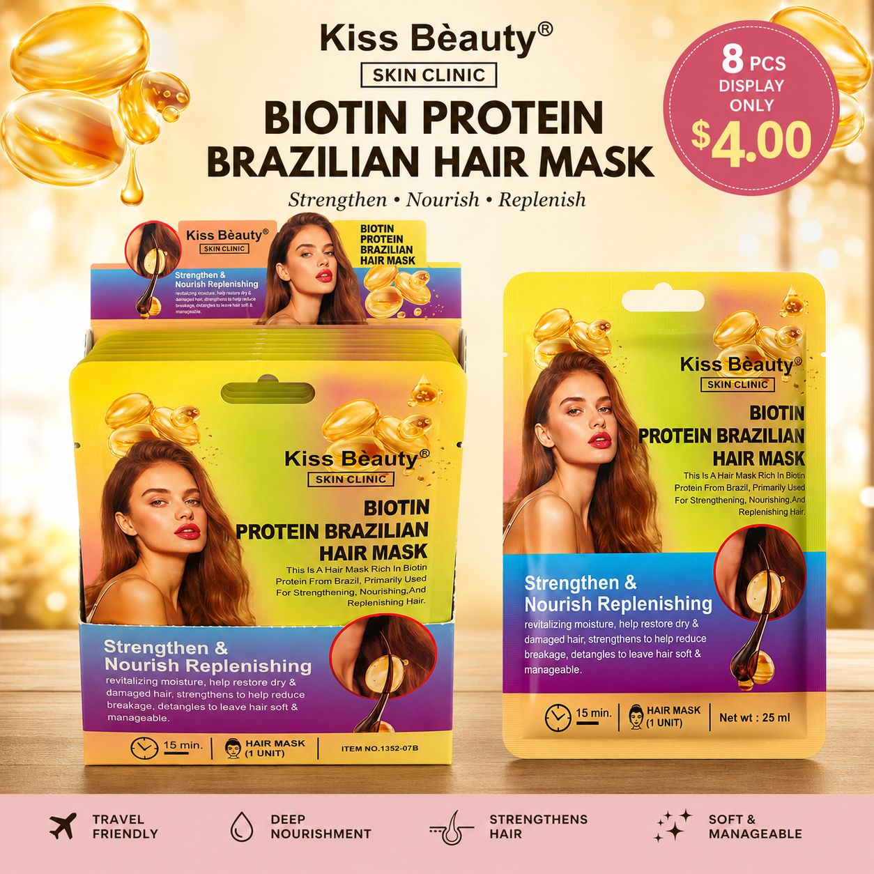 8 PCS DISPLAY KISS BEAUTY BIOTIN PROTEIN BRAZILIAN HAIR MASK 1352-07B