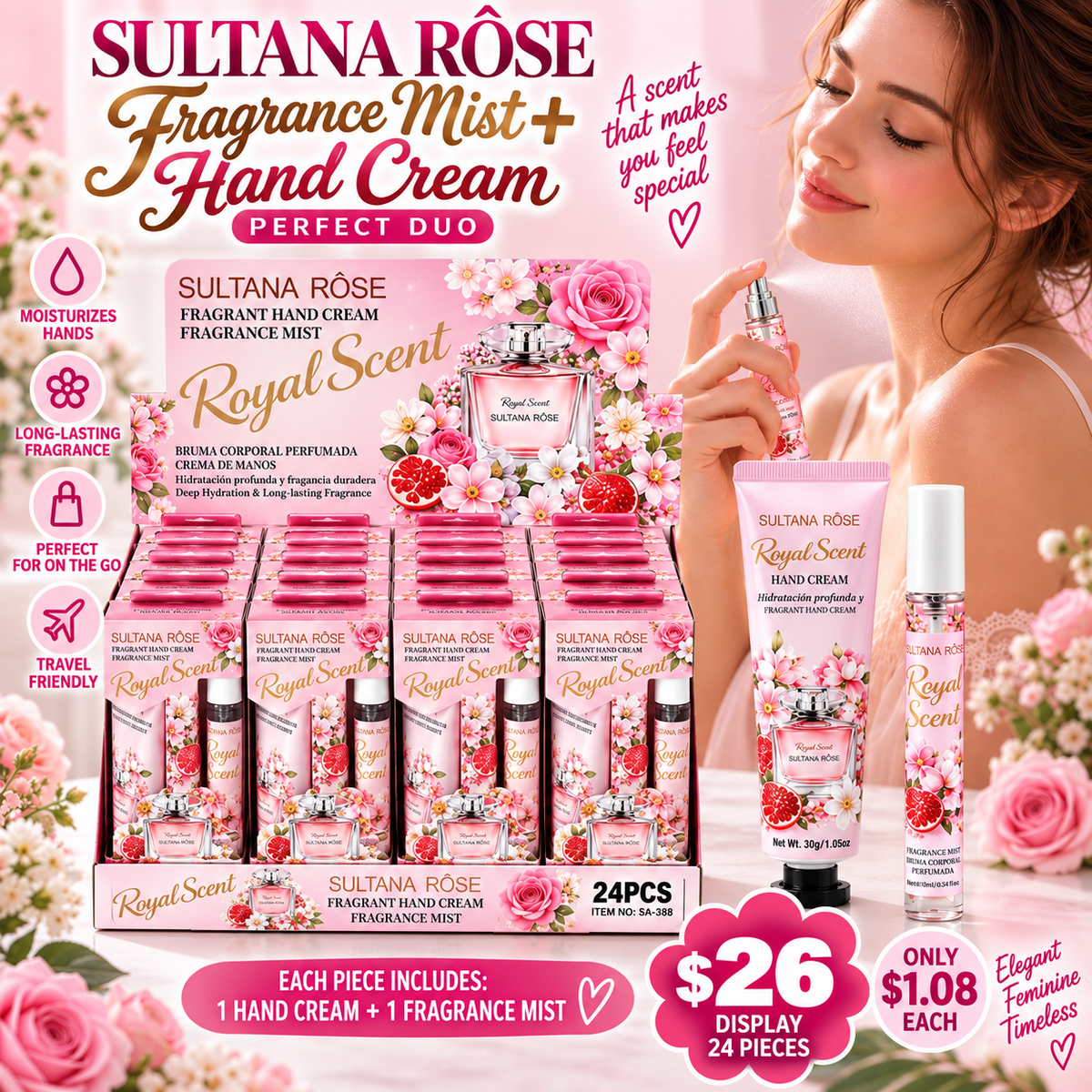 12PCS DISPLAY SULTANA ROSE PINK FLORAL & POMEGRANTE FRAGRANCE & HAND CREAM DUO SET SA-388