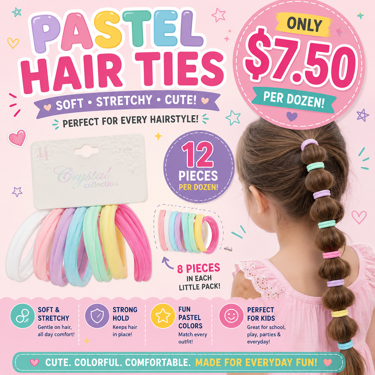 12PCS PACK HAIR TIES BANDS MULTICOLORED YPO-1301P