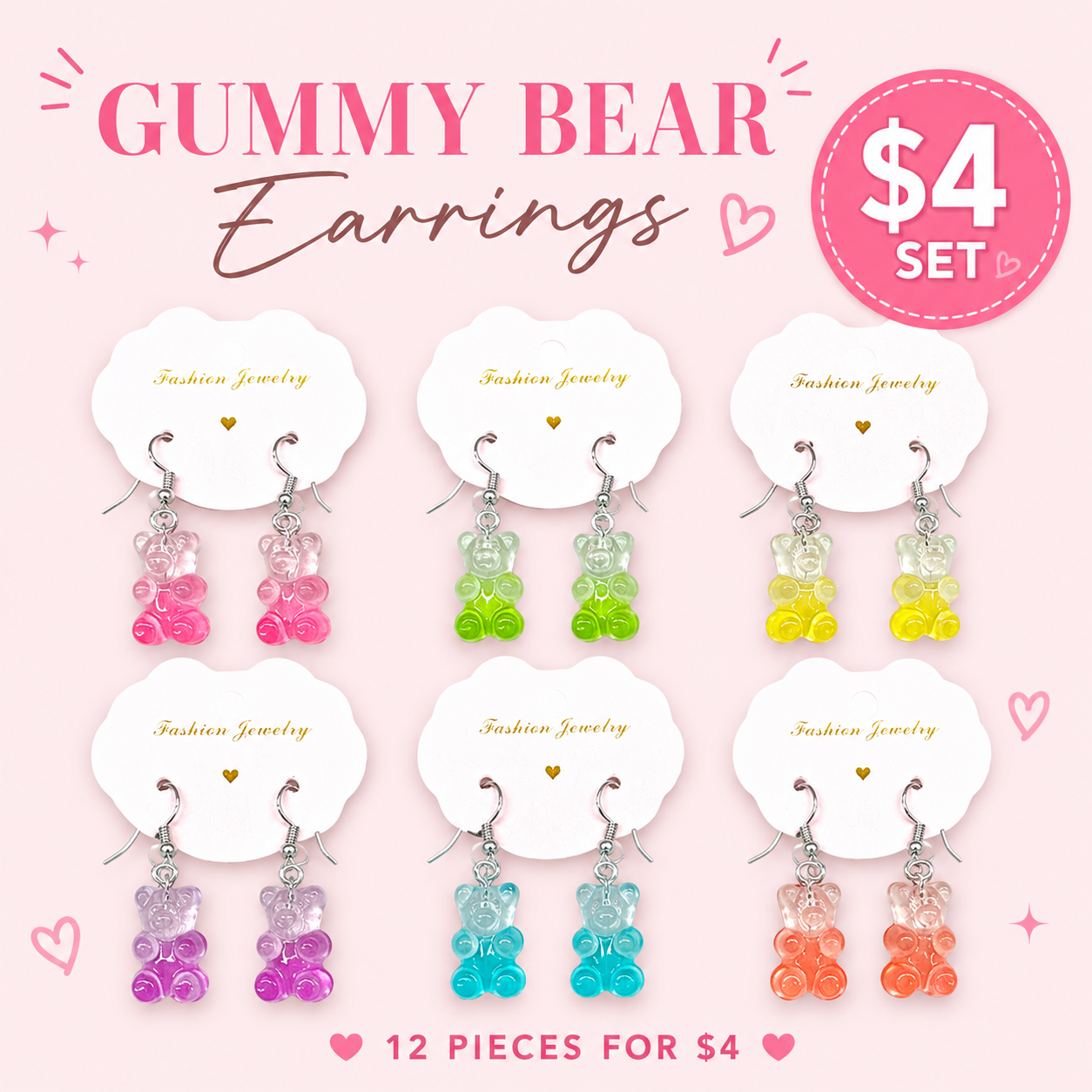12PCS PACK DANGLE GUMMY BEAR EARRINGS 7660