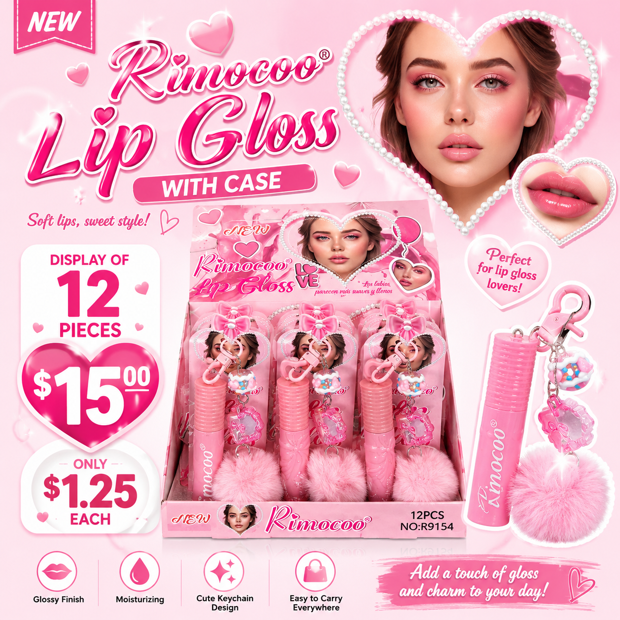 12PCS DISPLAY RIMOCOO LOVE SOFT KEYCHAIN LIP GLOSS R9154