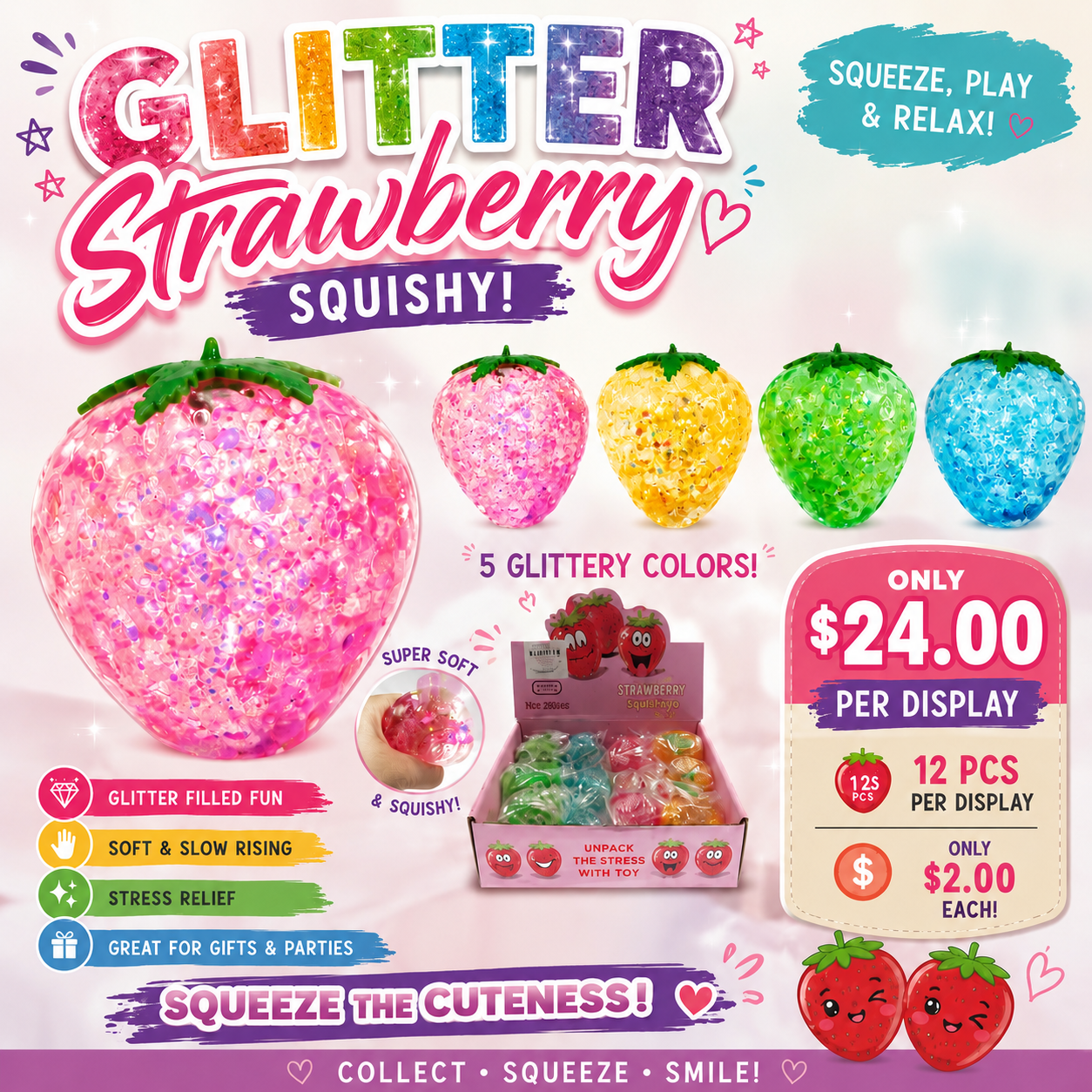 12PCS DISPLAY SQUEEZE STRAWBERRY GLITTER 4 COLORS T104