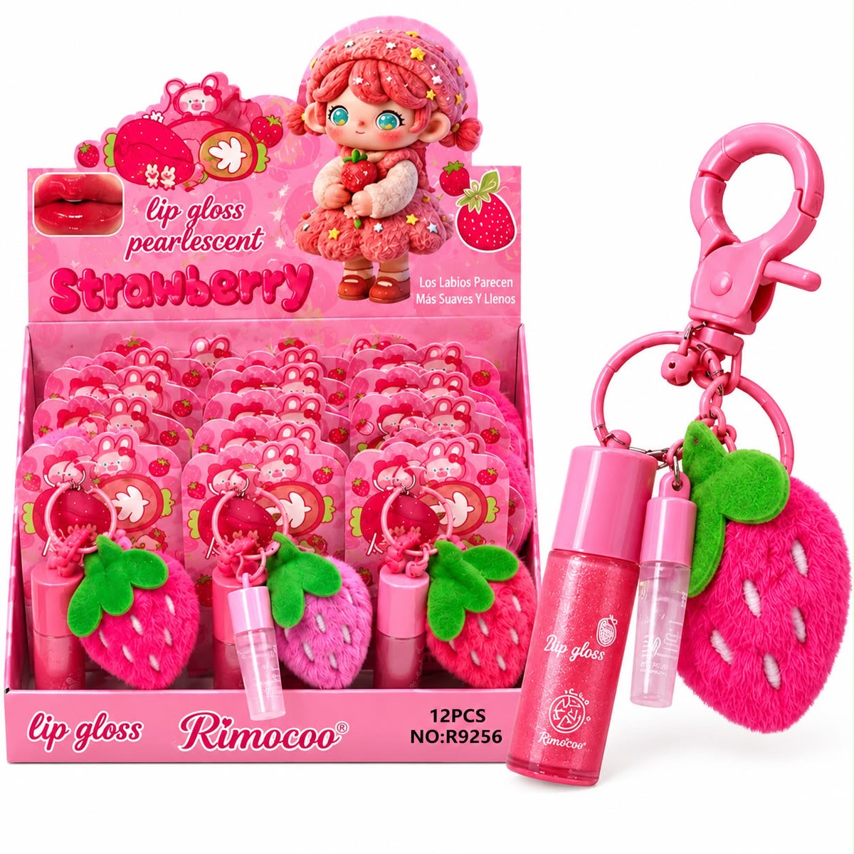 Brillo de labios de fresa Rimocoo con llavero de peluche