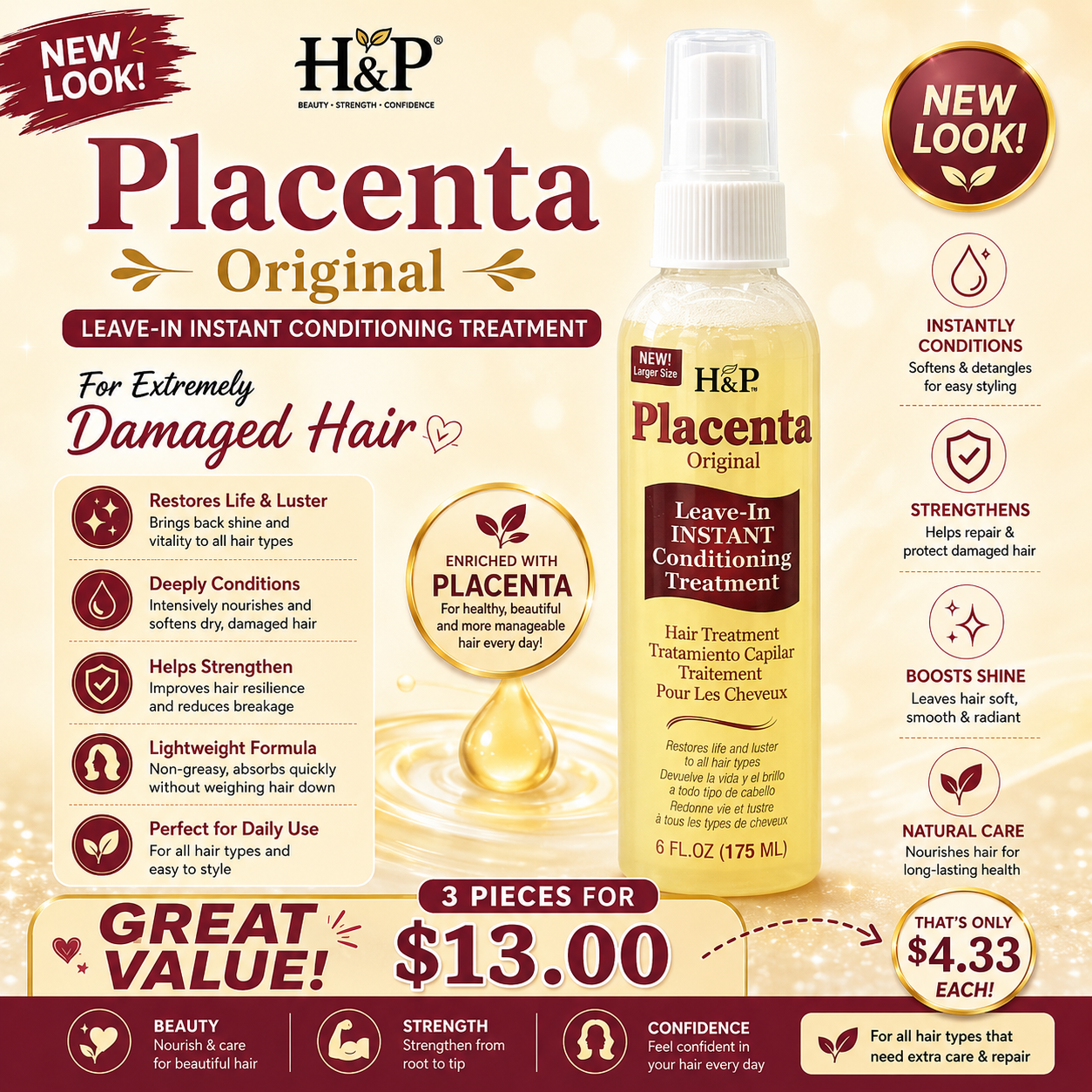 3PCS HNP PLACENTA ORIGINAL LEAVE-IN INSTANT CONDITIONING TREATMENT 4121