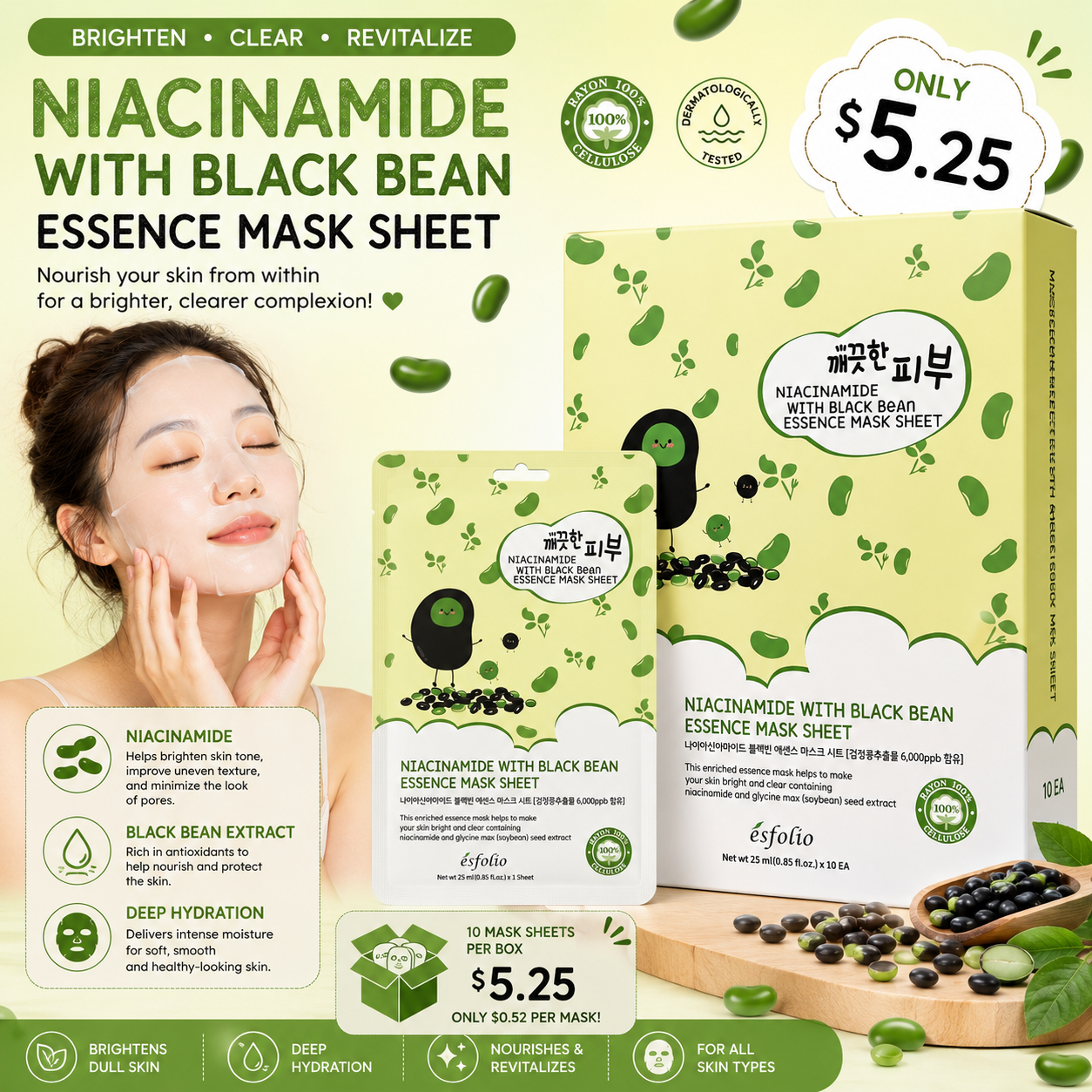 10PCS BOX ESFOLIO NIACINAMIDE & BLAVK BEAN ESSENCE MASK SHEET 3273