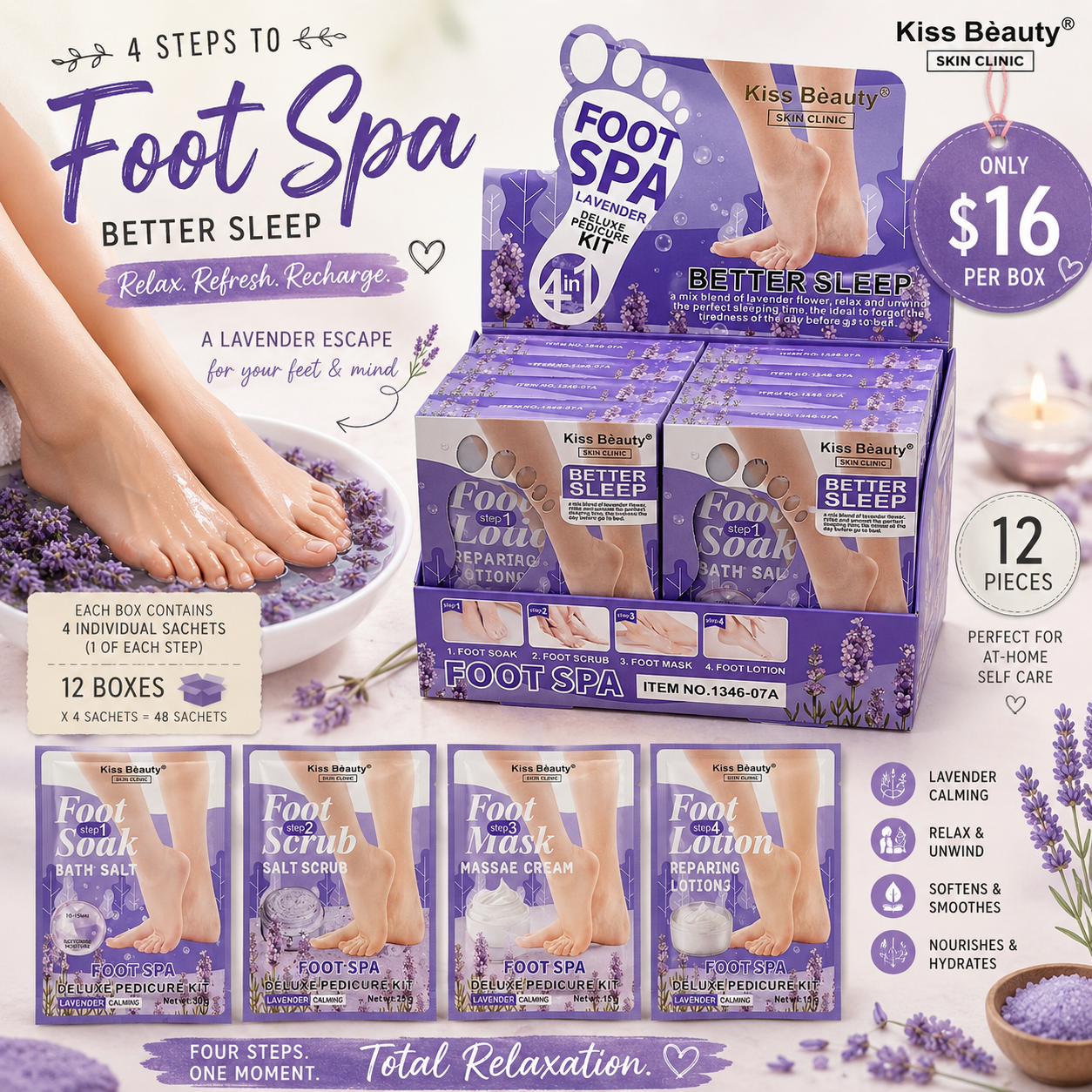 12PCS DISPLAY KISS BEAUTY LAVENDER BETTER SLEEP 4 IN 1 DELUXE PEDICURE KIT 1346-07A