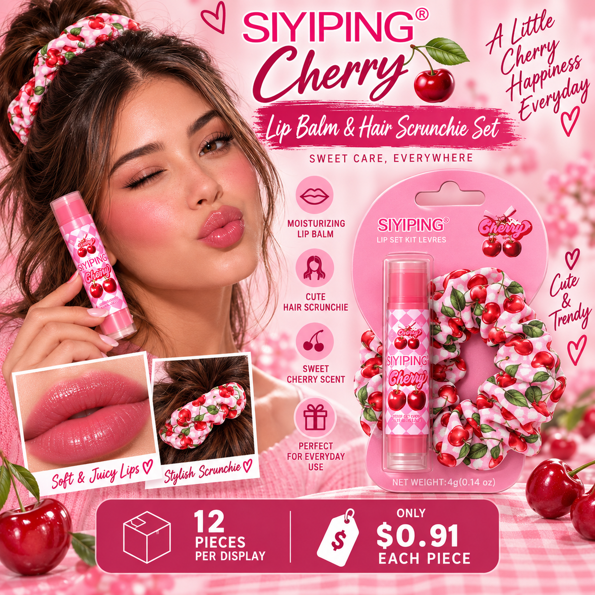 12PCS SIYIPING CHEERY LIP BALM + HAIR TIE LG-213