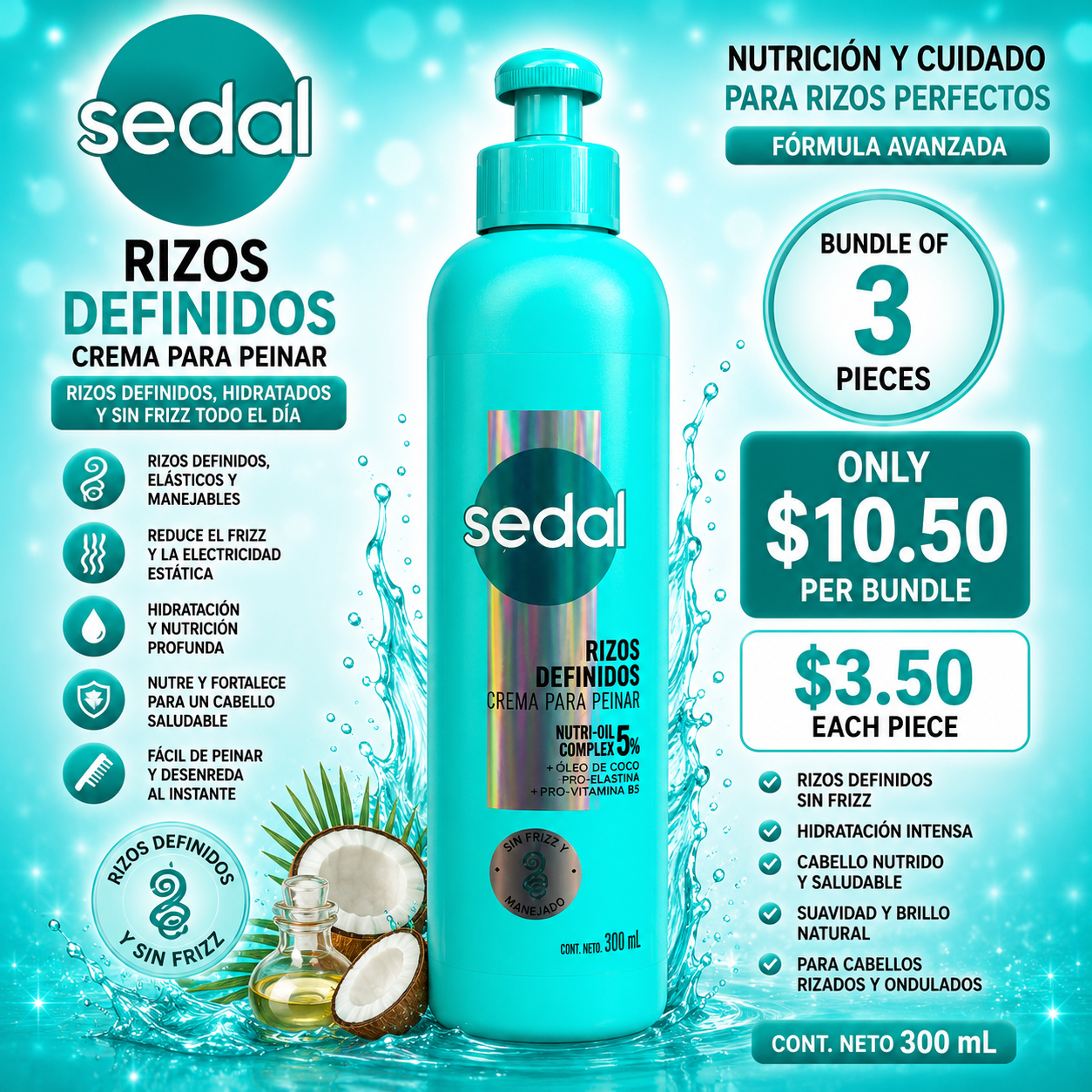 3PCS SEDAL RIZOS DEFINIDOS CREMA PARA PEINAR 0131