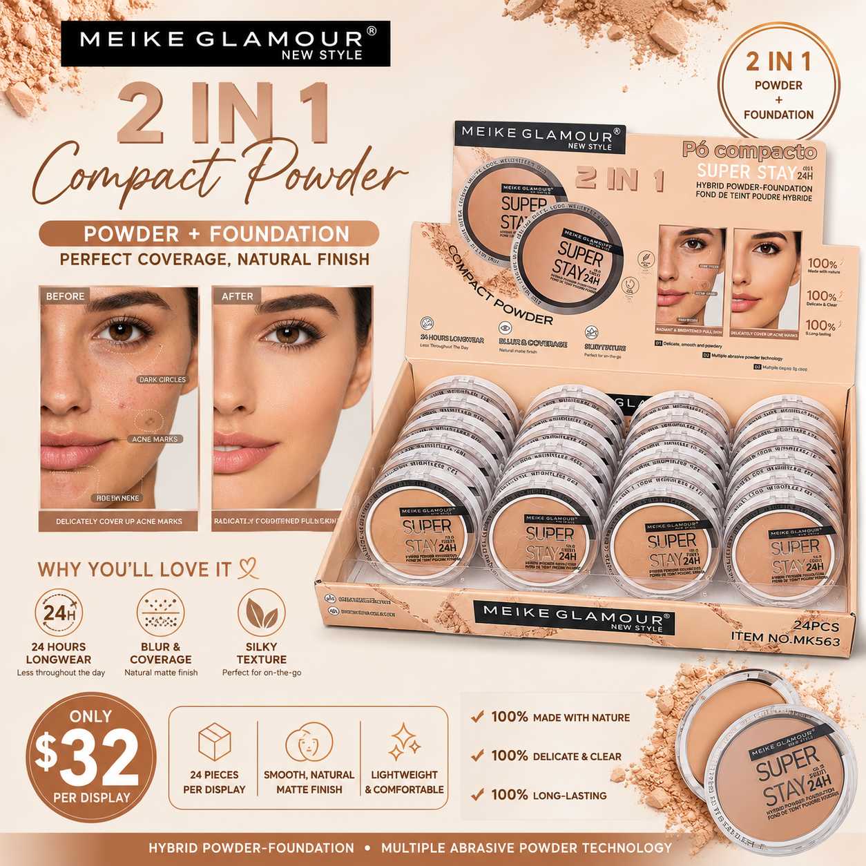 24PCS DISPLAY MEIKE GLAMOUR COMPACT POWDER 2 IN 1 SWEATPROOF MK563