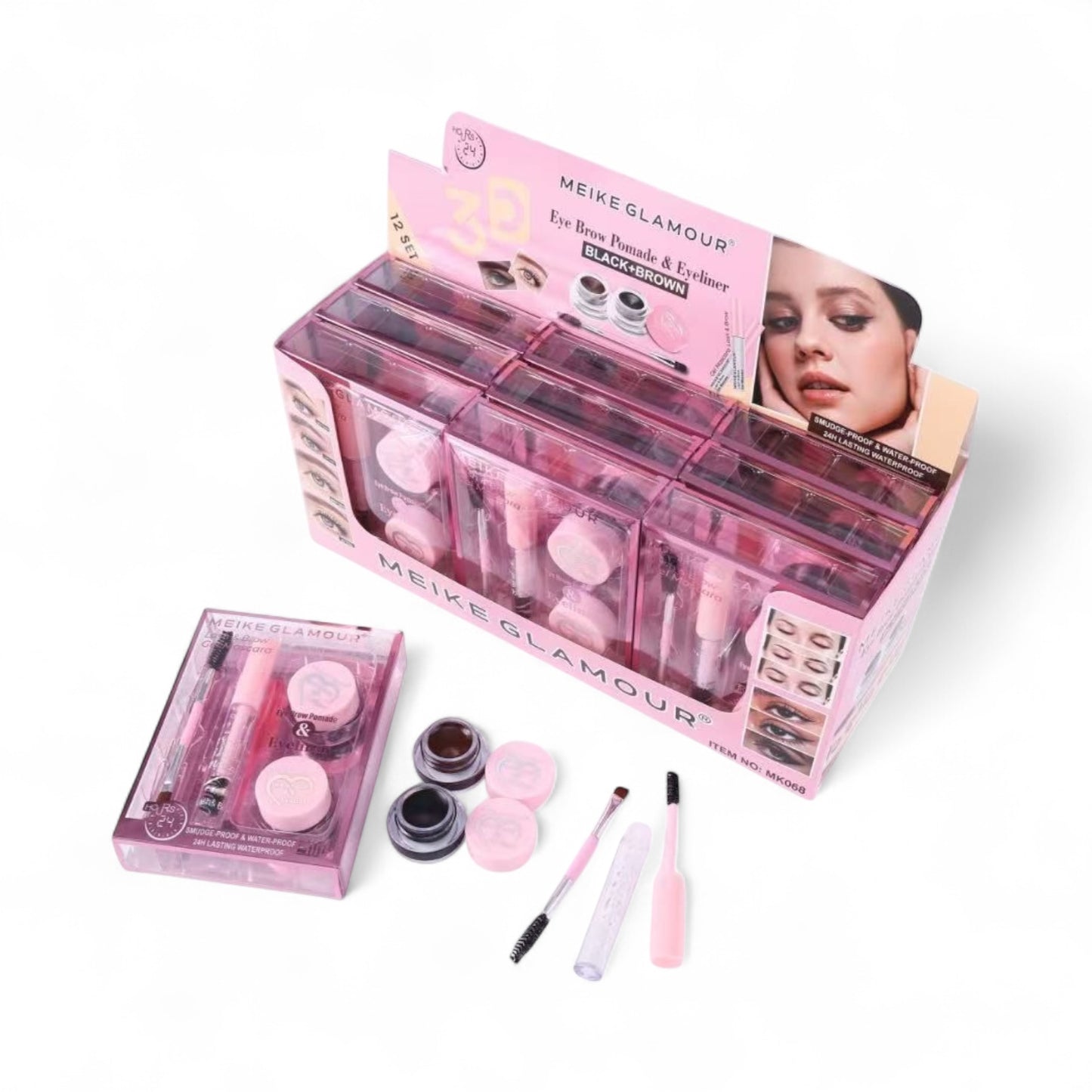 12PCS DISPLAY MEIKE GLAMOUR EYE BROW POMADE & EYELINER MK068