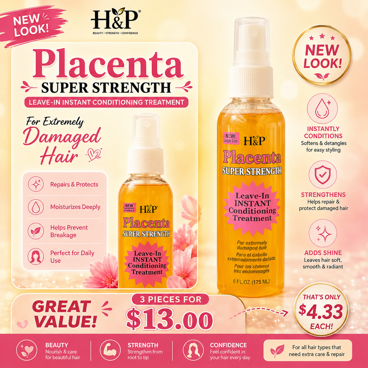 3PCS H N P PLACENTA SUPER STRENGTH PLUS LEAVE-IN INSTANT CONDITIONING TREATMENT 4122
