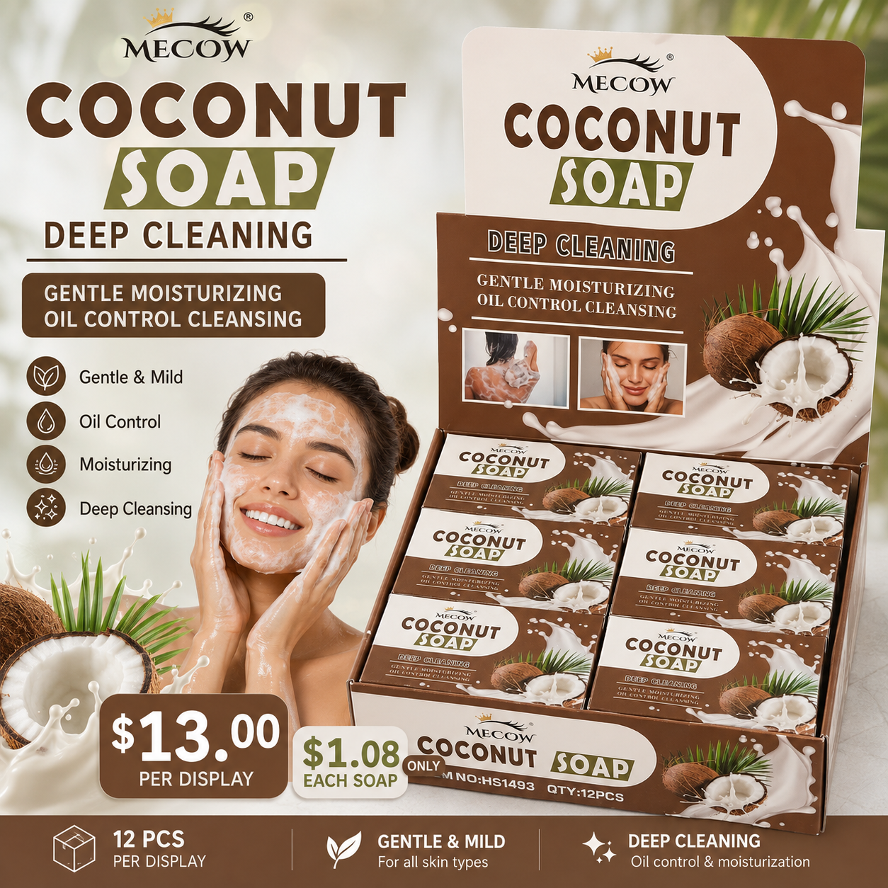 12PCS DISPLAY MECOW COCONUT SOAP HS1493