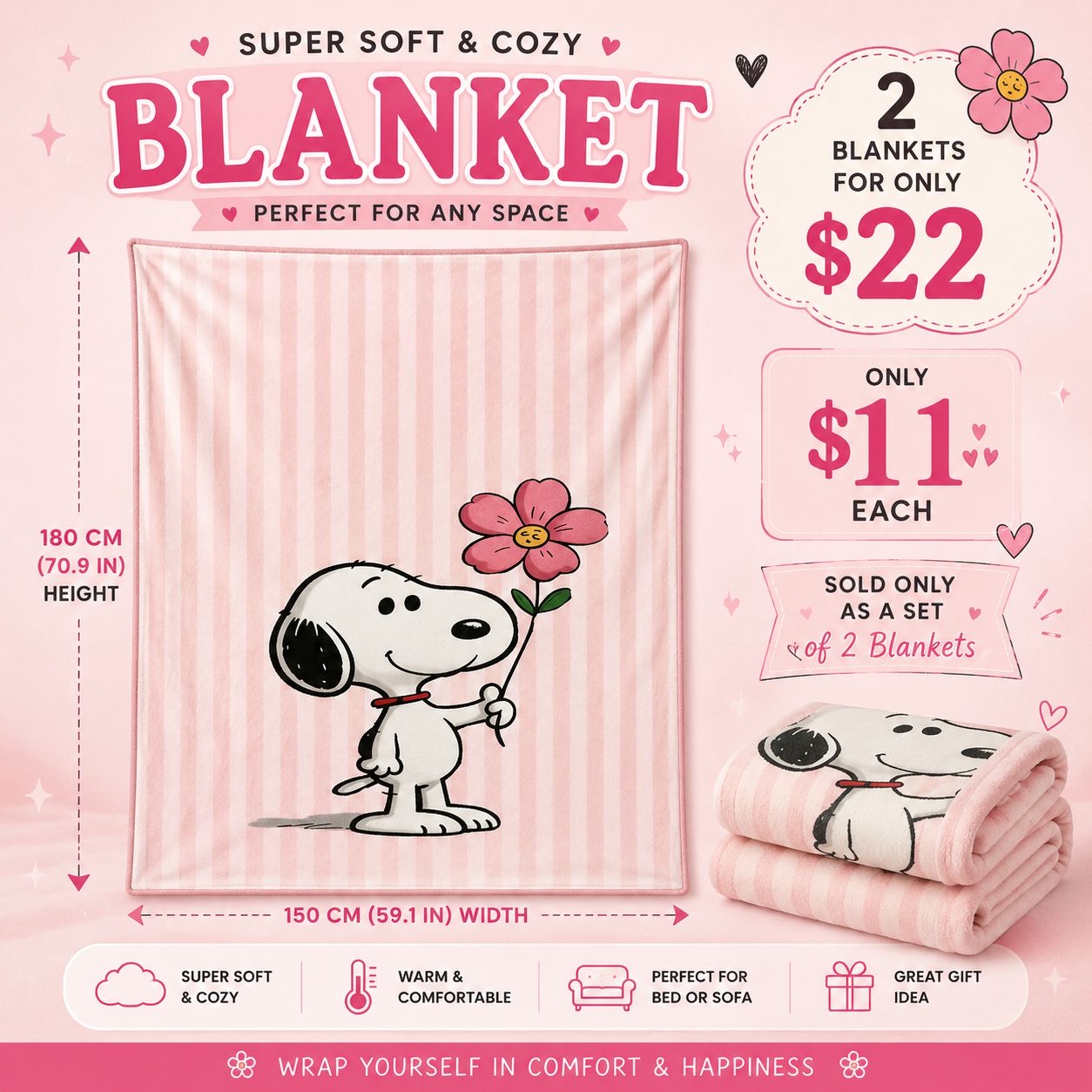 2PCS WHITE DOG & FLOWER PINK BLANKET