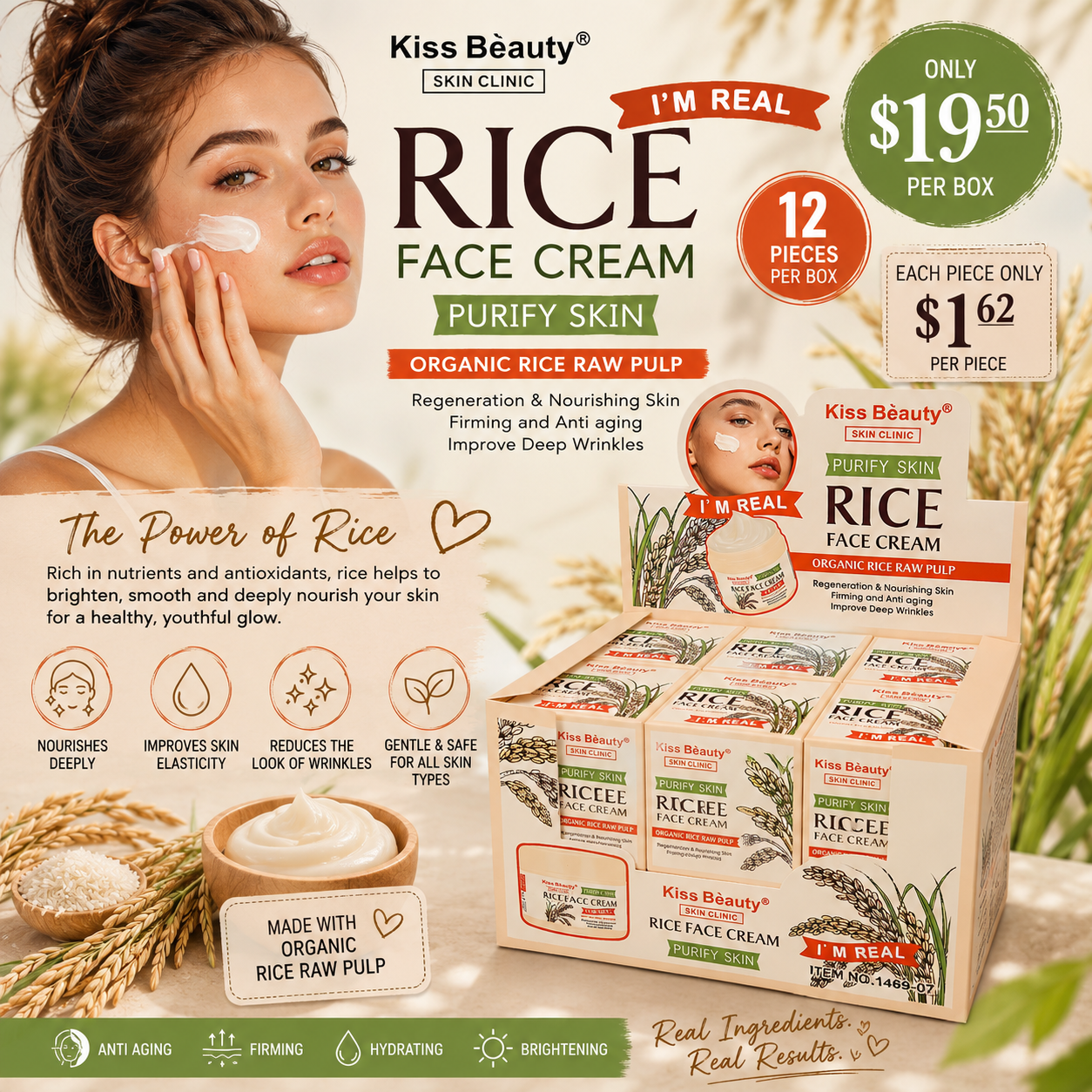 12PCS DISPLAY KISS BEAUTY RICE FACE CREAM PURIFY SKIN ORGANIC RAW