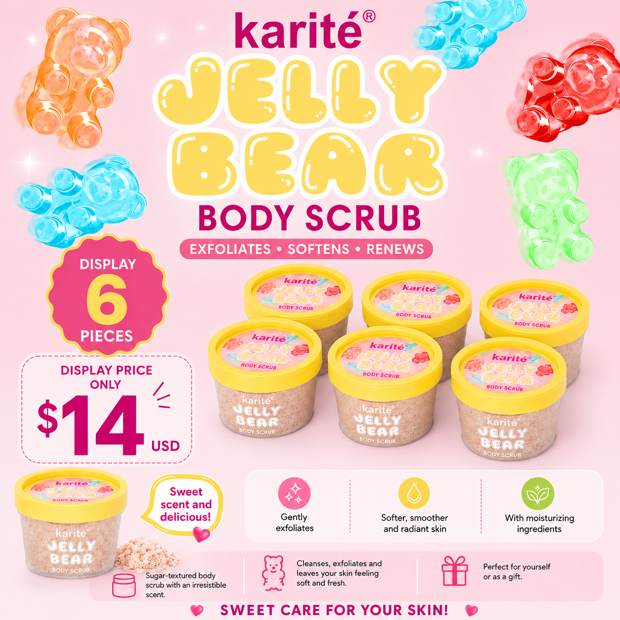 6PCS DISPLAY KARITE SKIN CARE JELLY BEAR BODY SCRUB 1402-47