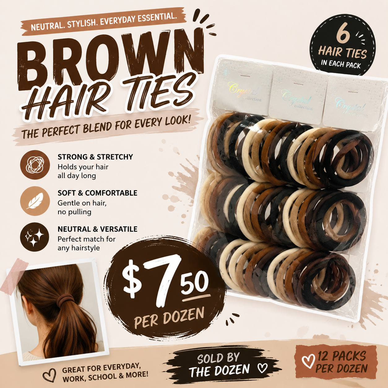 12PCS PACK HAIR TIES BROWN COLORS YPO-0861E