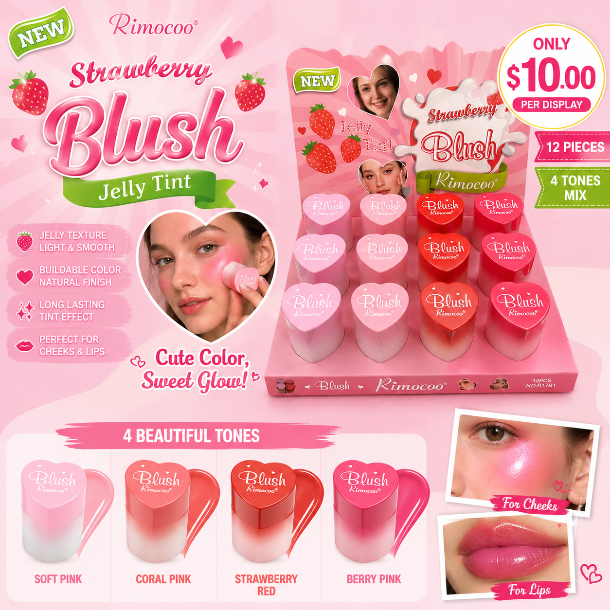 12PCS DISPLAY RIMOCOO 4 COLOR STRAWBERRY BLUSH R9259