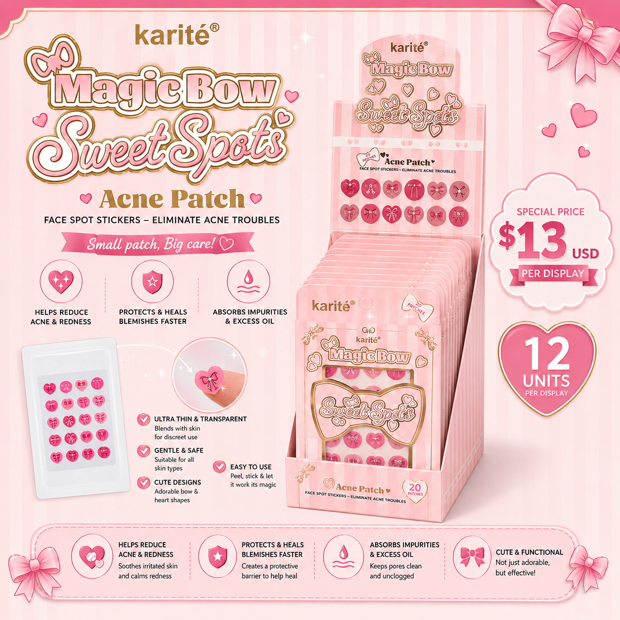 12PCS DISPLAY KARITE PINK COQUETTE ACNE PATCHES 1817-47