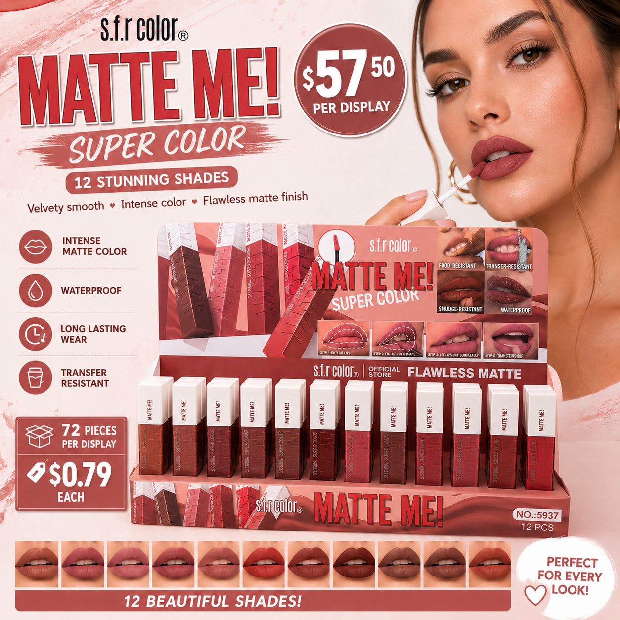 72PCS DISPLAY SFR WATERPROOF SUPER COLOR LIPGLOSS MATTE 5937