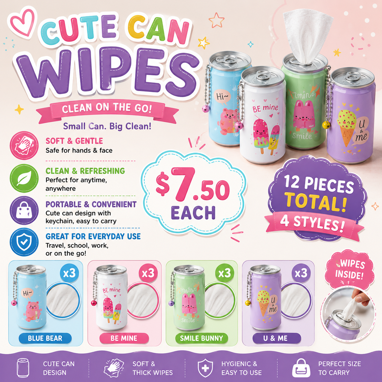 12PCS PACK ICE-CREAM DESIGNED HAND WIPES ANV-0716