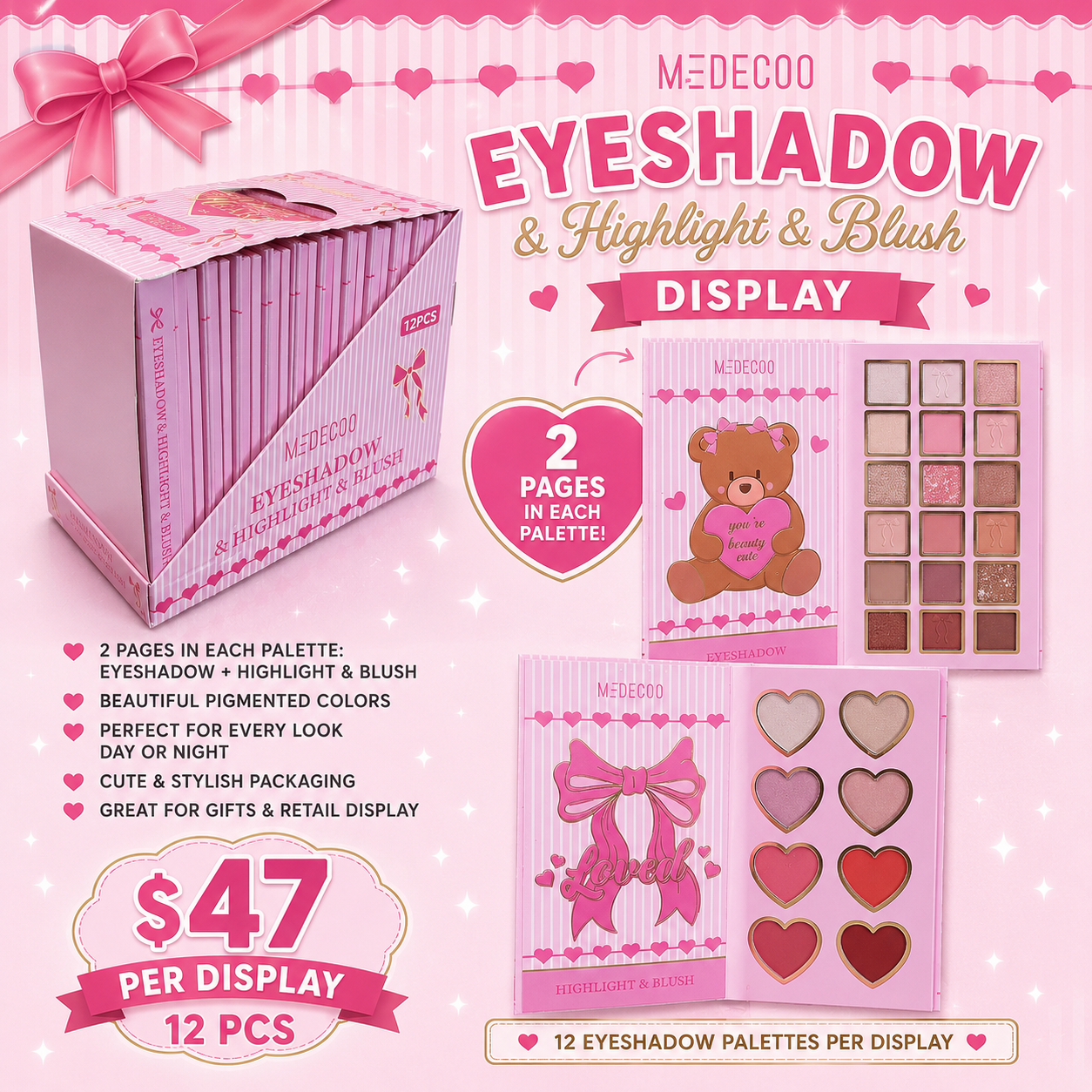 12PCS DISPLAY MEDECOO EYESHADOW ,HIGHLIGHT & BLUSH PALETTE YY-262601