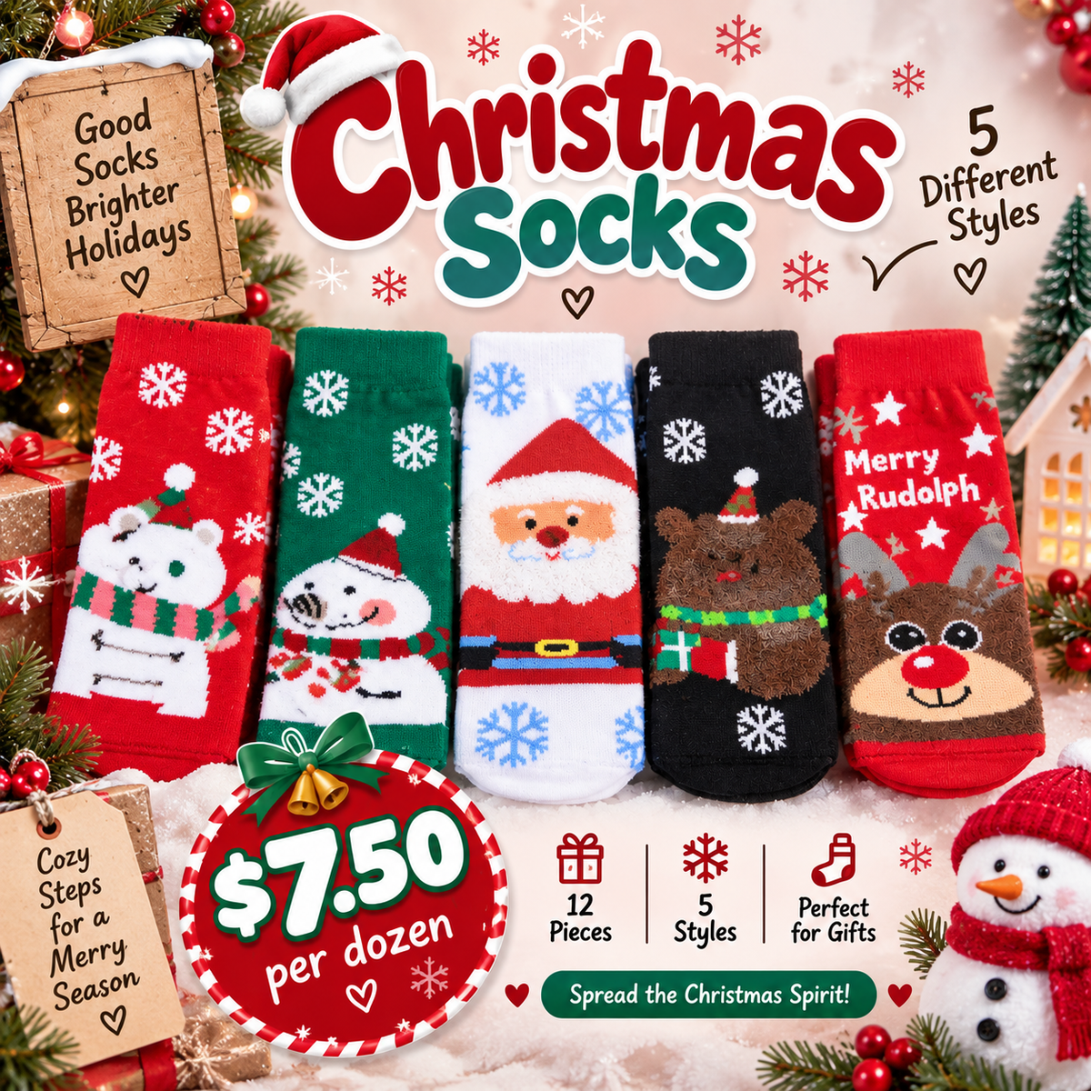12PCS PACK SNOWFLAKES & FRIENDS SOCKS F26042
