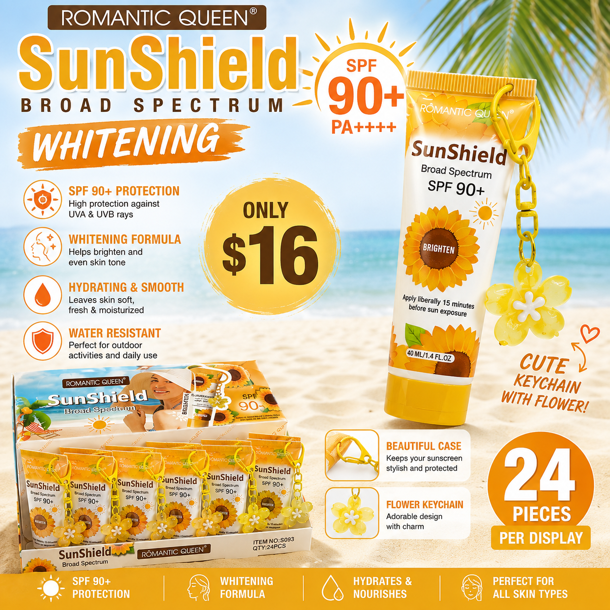 24PCS ROMANTIC QUEEN SUNSCREEN SUNSHIELD SUNFLOWER SPF90+