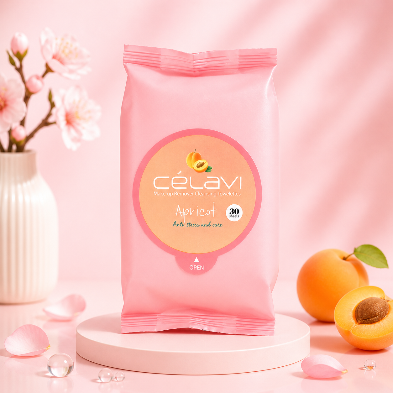 6PCS DISPLAY CELAVI APRICOT MAKE-UP REMOVER CLEANSING TOWELETTES MT009