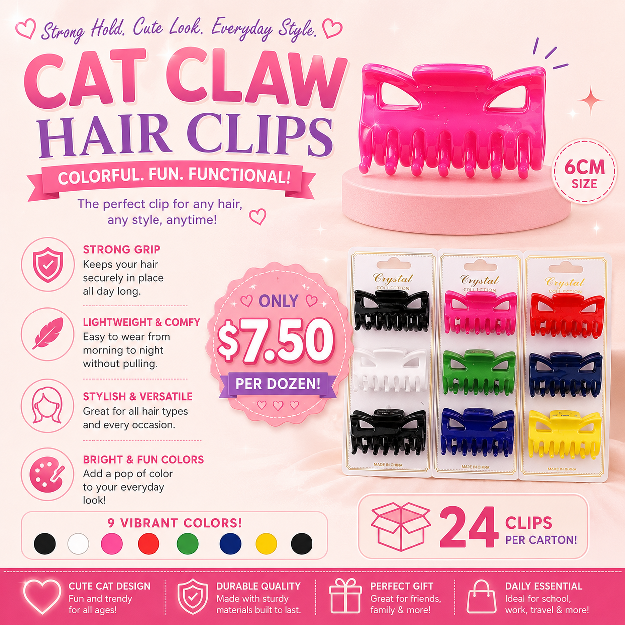 12PCS PACK CRYSTAL COLLECTION MULTICOLOR HAIR CLIP DHC-0531R