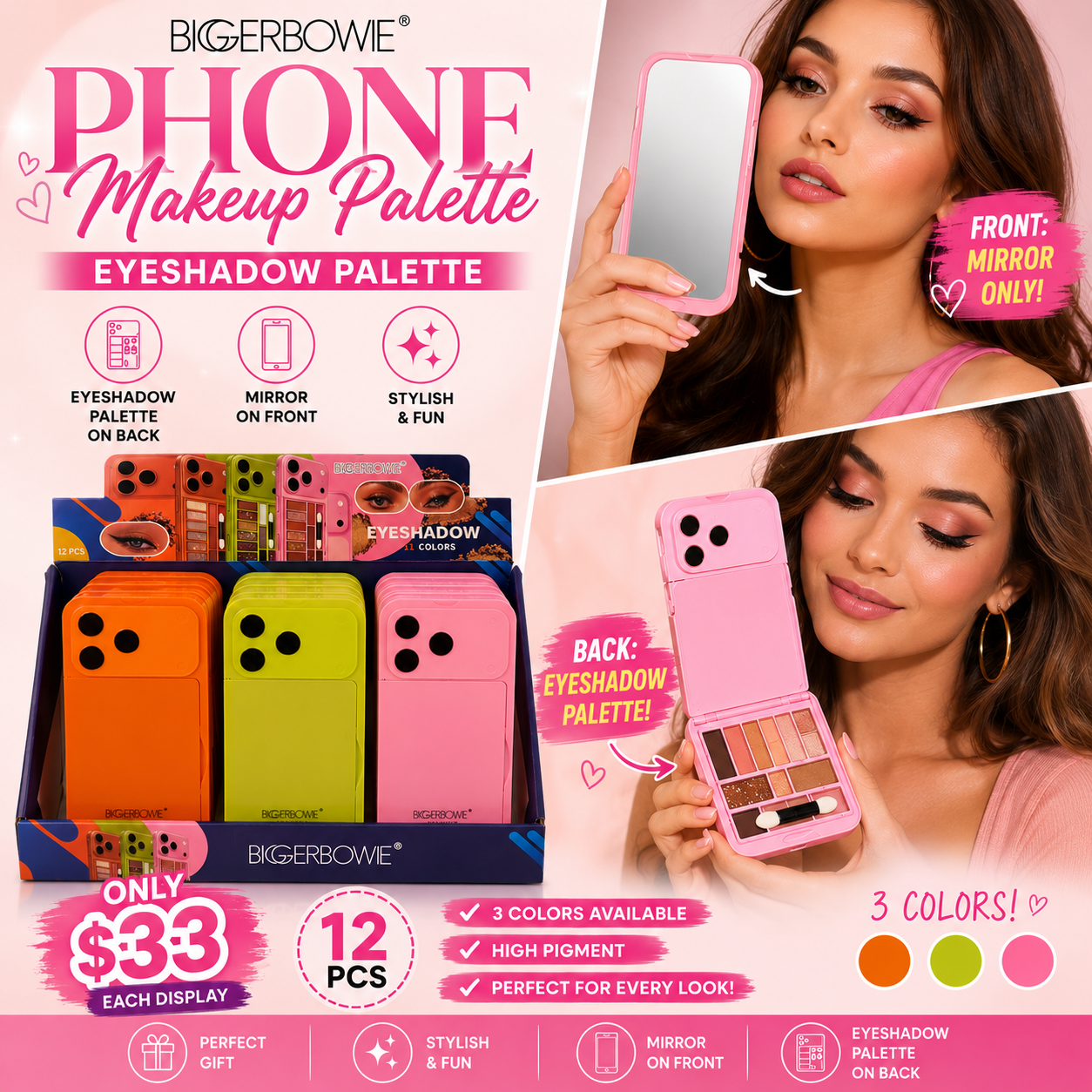 12PCS DISPLAY BIGGERBOWIE PHONE STYLE EYESHADOW + MIRROR 2198G