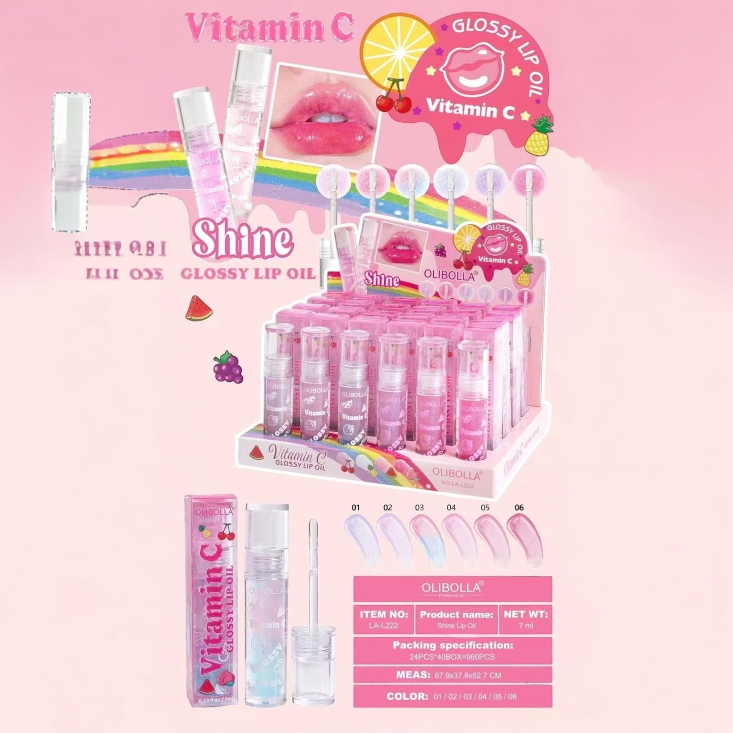 24PCS DISPLAY OLIBOLLA SHINE GLOSSY LIP OIL LA-L222