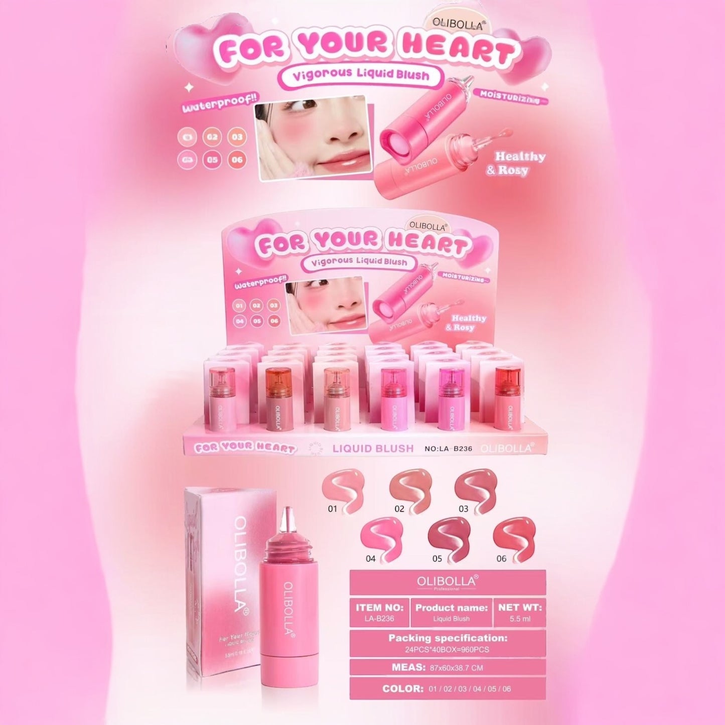 24PCS DISPLAY OLIBOLLA FOR YOUR HEART VIGOROUS LIQUID BLUSH LA-B236