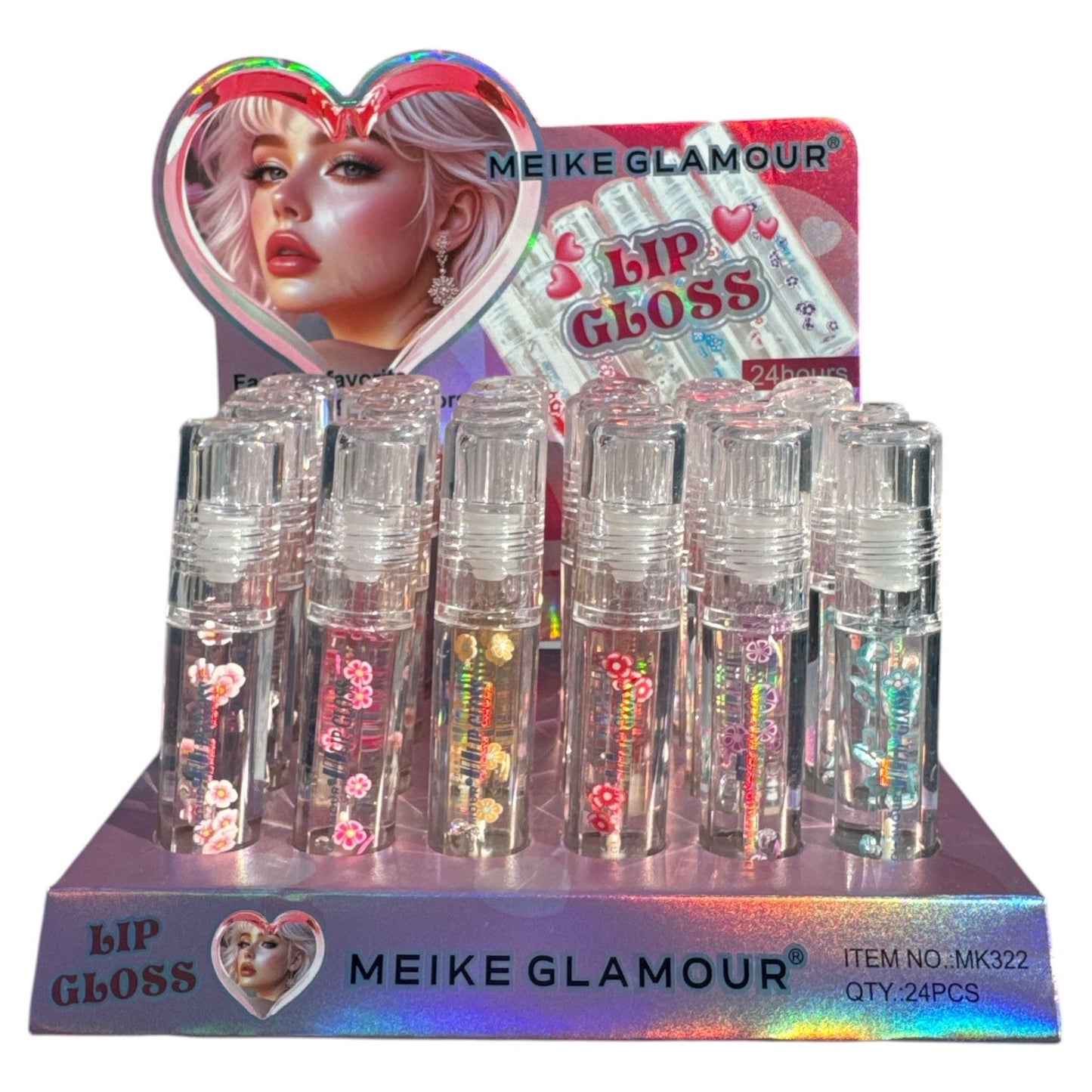 24PCS DISPLAY MEIKE GLAMOUR CLEAR LIPGLOSS WITH FLOWER FLAKES