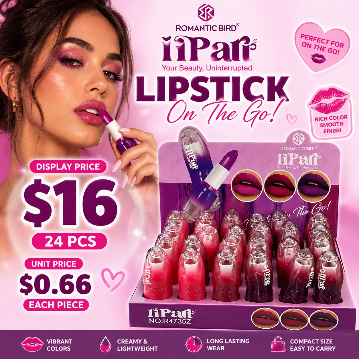 24PCS DISPLAY ROMANTIC BIRD PINK & PLUM LIPSTICK R4735Z