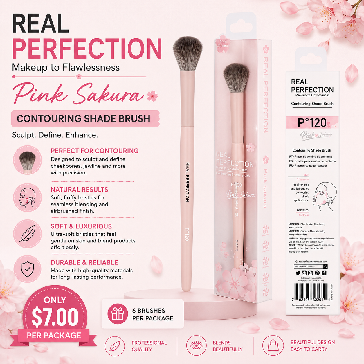 6PCS PACK PINK REAL PERFECTION SAKURA CONTOURING SHADE BRUSH P-120