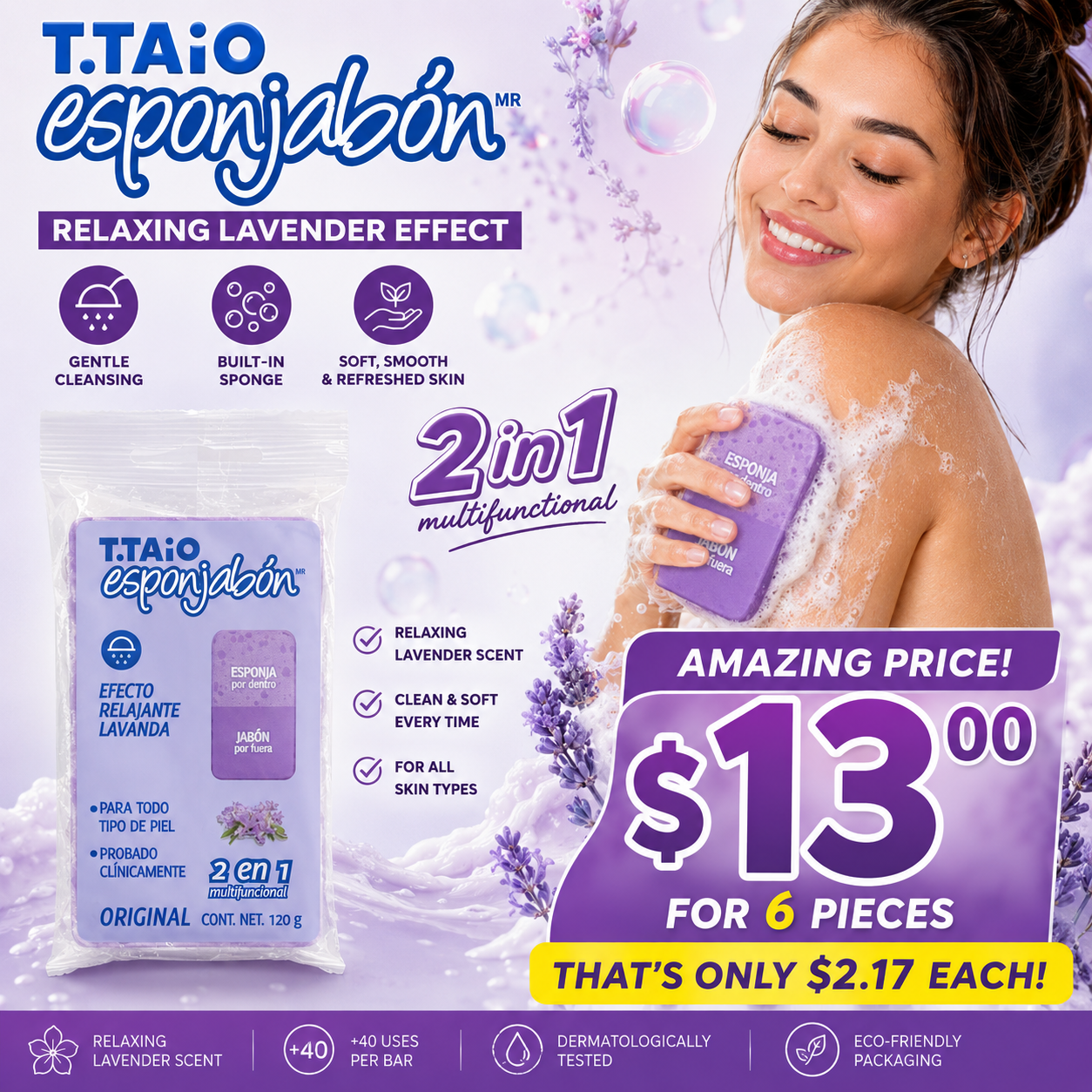 6PCS T.TAIO ESPONJABON LAVANDA 3157