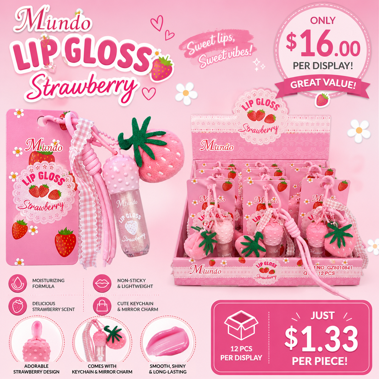 12PCS DISPLAY M’LUNDO KEYCHAIN STRAWBERRY LIP GLOSS 0841