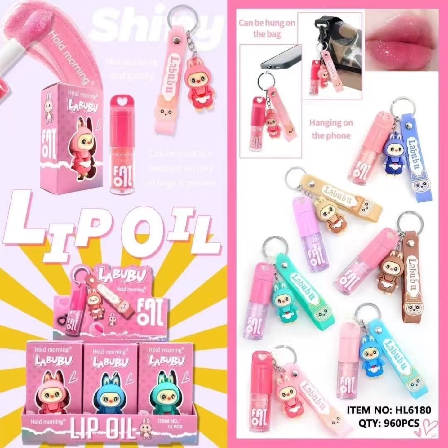 12PCS DISPLAY FAT OIL LIP GLOSS PINK BOX HL6180