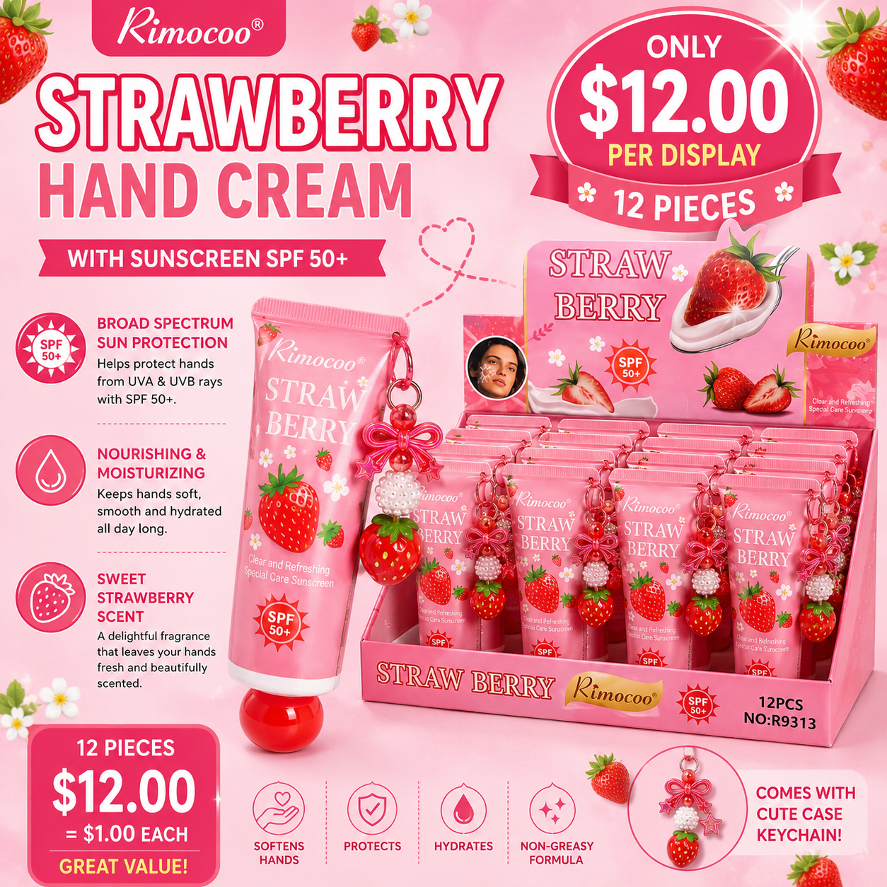 12PCS DISPLAY RIMOCOO STRAWBERRY SPF50+ CREAM WITH DANGLE CHARM R9313