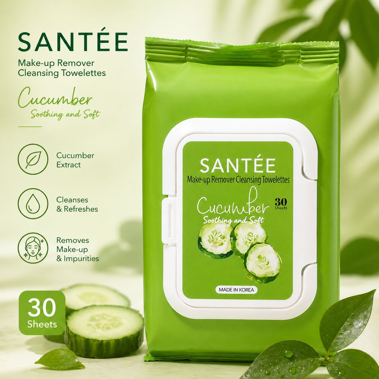 6PCS CUCUMBER SANTEE MAKE-UP REMOVER TOWELETTES ST005