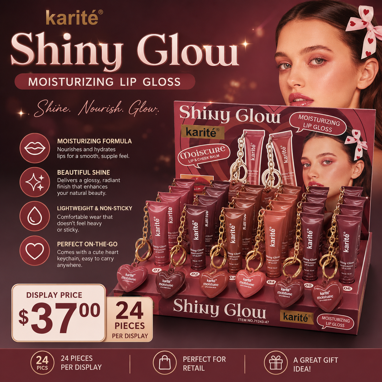 24PCS DISPLAY KARITE SHINY GLOW MOISTURIZING LIP GLOSS 71243-47