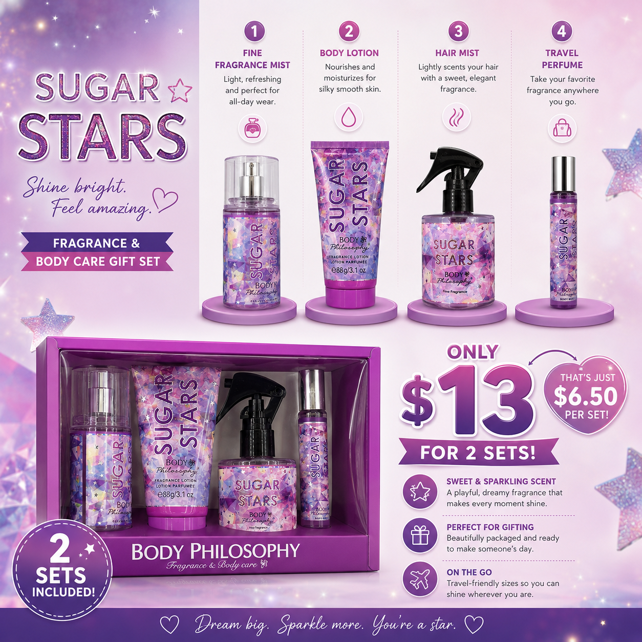 2PCS SET PAMPER ME FRAGANCE SUGAR STARS 4PCS PURPLE -01