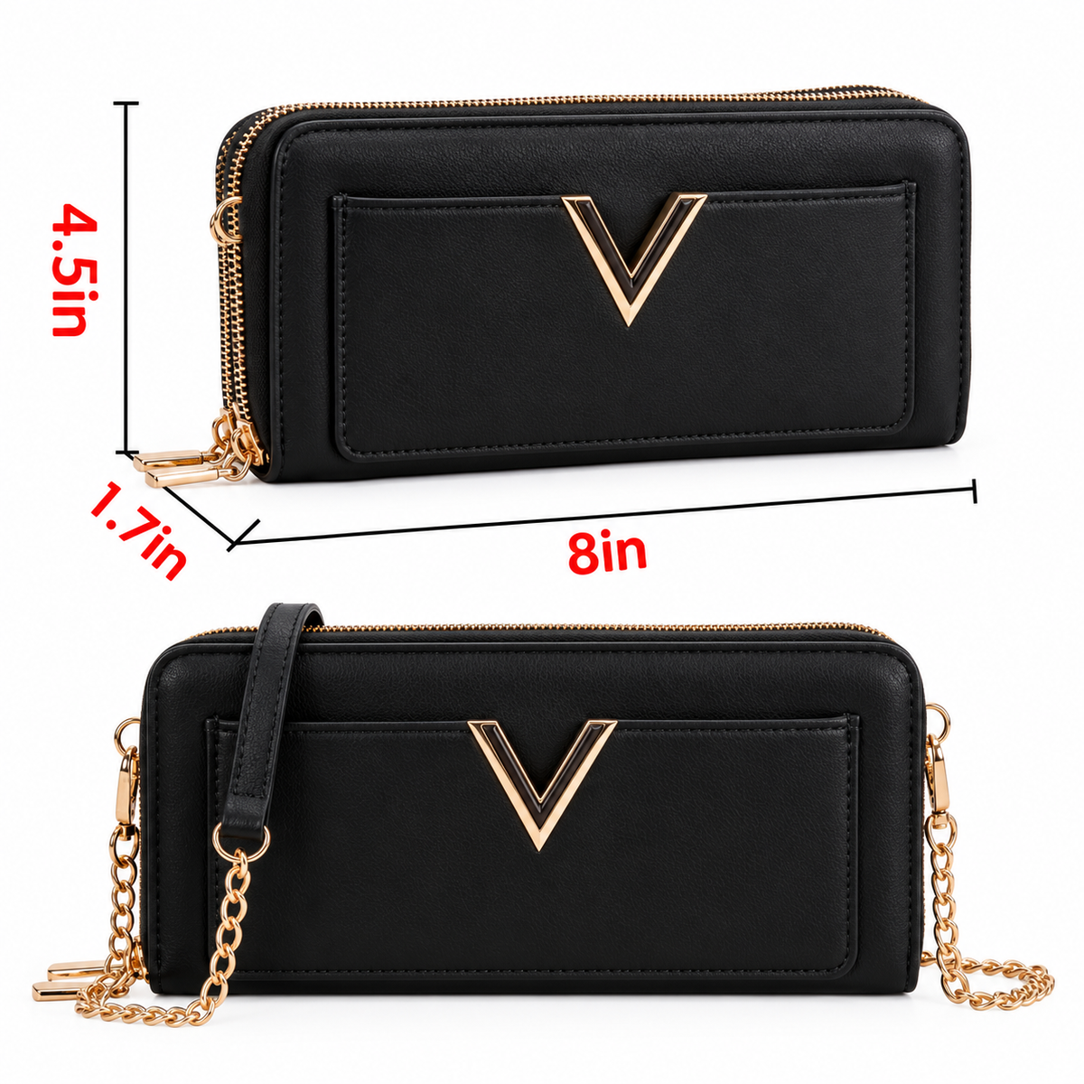 Elegant V Black Charm Zip Wallet
