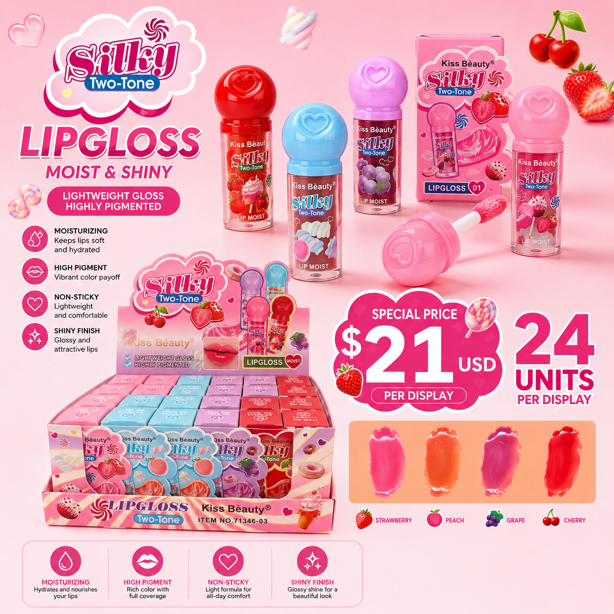 24PCS DISPLAY KISS BEAUTY SILKY TWO TONE LIP GLOSS 71346-03