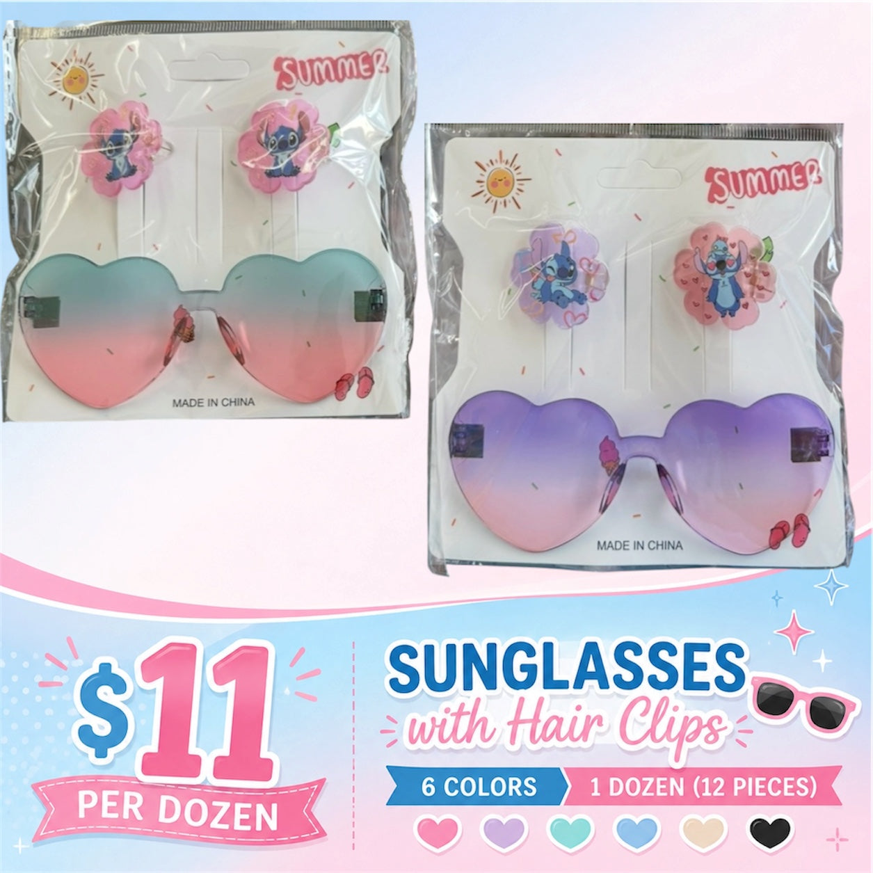 12PCS PACK KIDS SUNGLASSES AND HAIR CLIP BLUE GUY GCS2