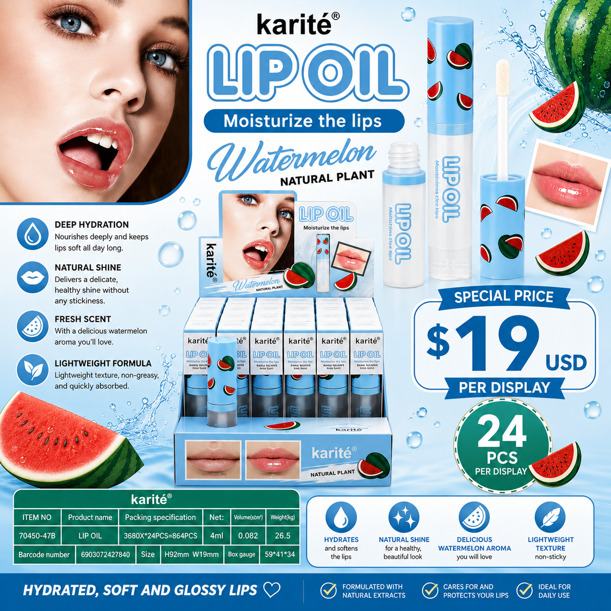 24PCS DISPLAY KARITE WATERMELON LIP OIL 70450-47B