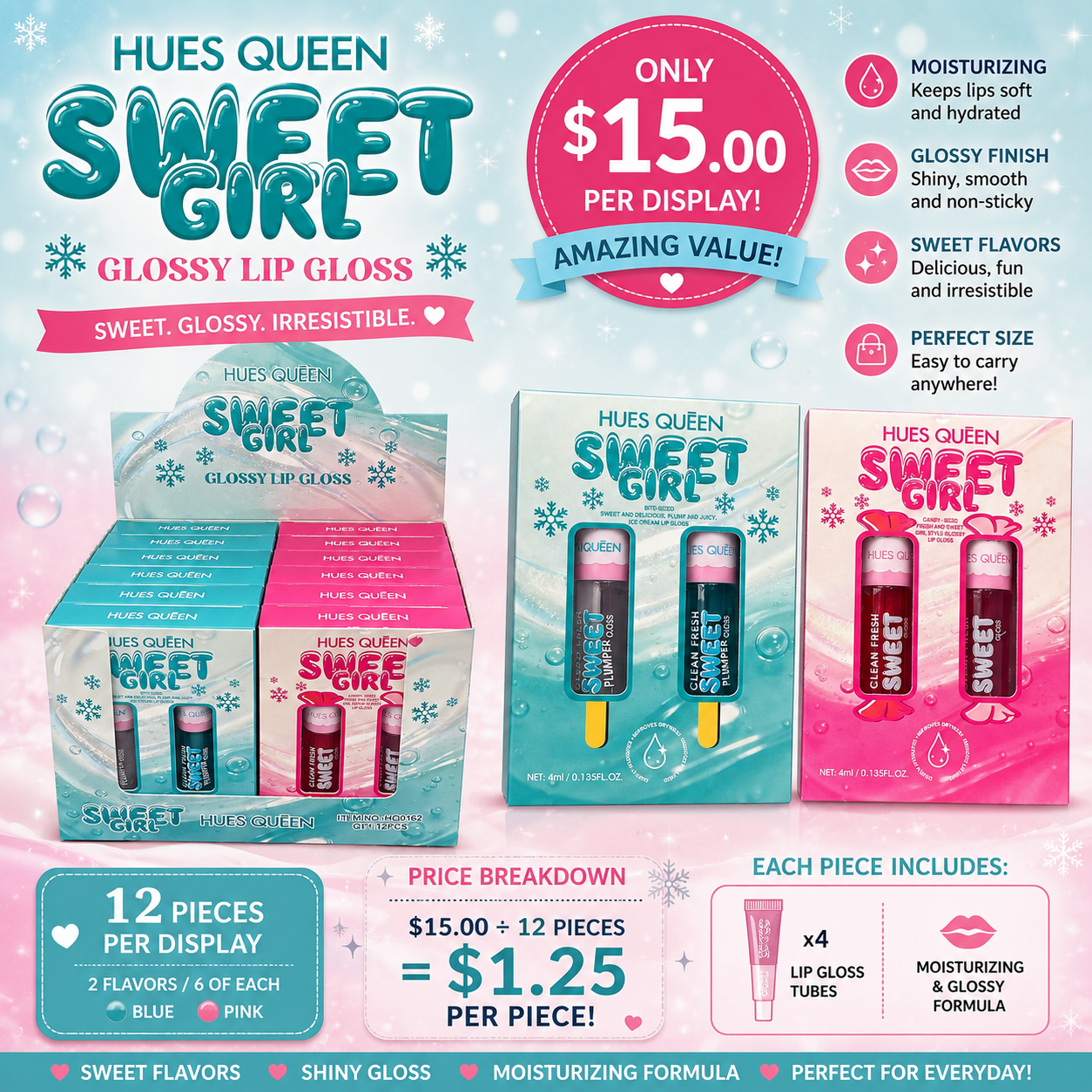 12PCS DISPLAY HUES QUEEN SWEET GIRL GLITTER & GLOW GLOSSY LIP GLOSS HQ0162