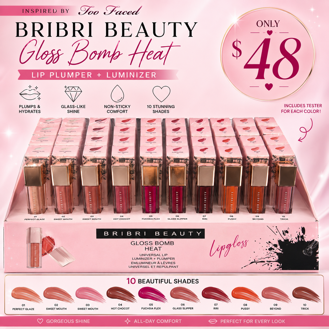 50PCS DISPLAY BRIBRI BEAUTY INSPO FENTY BEAUTY LUMINIZER PLUMPER GLOSS 09001