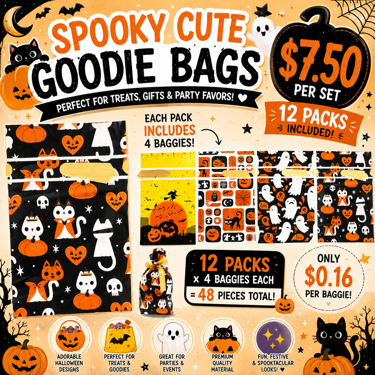 12PCS PACK HALLOWEEN CANDY GOODIE BAGS BA2507